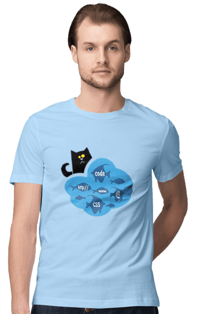 Футболка чоловіча з принтом "Кіт програміст". Angular, c, css, html, it, javascript, jquery, php, python, react, svelt, vue, айтишник, айті, гумор, код, кодувати, прогер, програміст, програмісти, ти ж, ти ж програміст, тиж програміст. 2070702