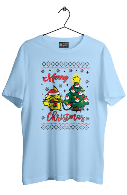 Men`s t-shirt with prints Pikachu Merry Christmas!. Anime, christmas, game, manga, merry christmas, nintendo, pikachu, pokemon. 2070702