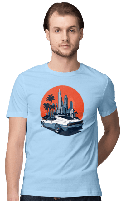 Футболка чоловіча з принтом "Авто". Гонка, захід сонця, спортивний автомобіль, швидкість. 2070702