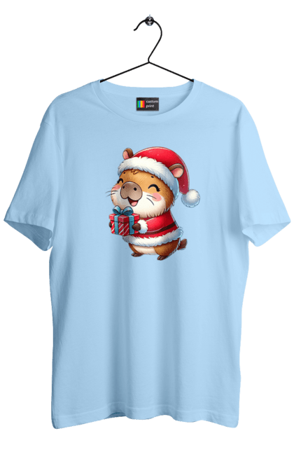 Men's t-shirt with prints Christmas Capybara with a Gift. Animal, capybara, christmas, christmas capybara, gift, holiday, new year, new year`s gift, santa. 2070702