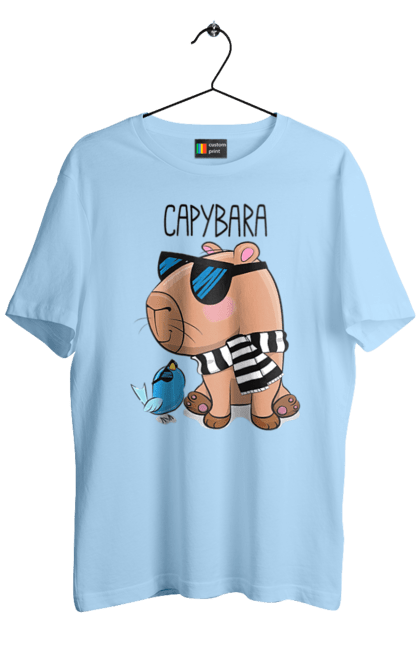 Men`s t-shirt with prints Stylish Capybara. Animal, bird, capybara, fashionable capybara, glasses, mood, striped scarf, stylish capybara, sunglasses. 2070702
