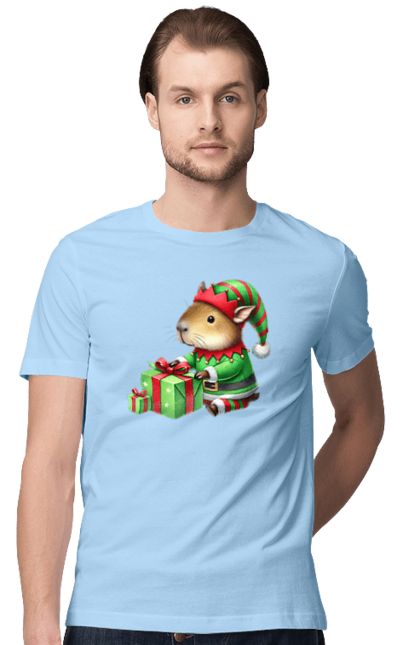 Men's t-shirt with prints Christmas Elf Capybara. Animal, capybara, christmas, christmas elf, gift, holiday, new year, new year`s gift. 2070702