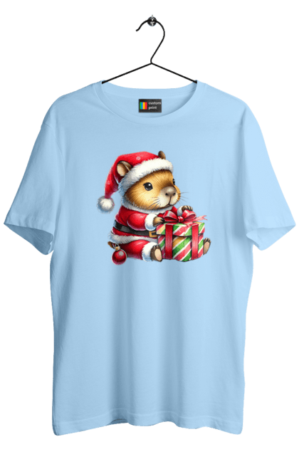 Men's t-shirt with prints Christmas Capybara with a Gift. Animal, capybara, christmas, christmas capybara, gift, holiday, new year, new year`s gift, santa. 2070702