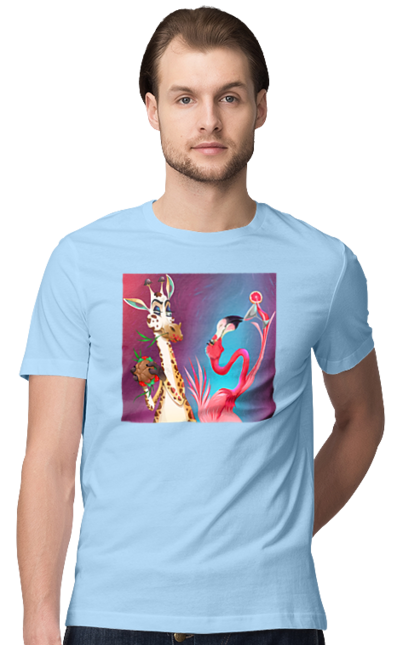 Футболка чоловіча з принтом "Жираф І Фламінго На Вечірці". Жираф, їжа, коктейль, фламінго. 2070702