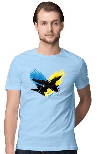 Футболка чоловіча з принтом "Літак F 16". З прапором, зсу, літак, літак f16, патріотична, прапор, ф16. 2070702