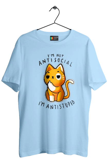 Men`s t-shirt with prints I'm not antisocial, I'm antistupid. Antisocial, antistupid, cat, cynicism, hate, humor, irony, joke, meme, sarcasm. 2070702