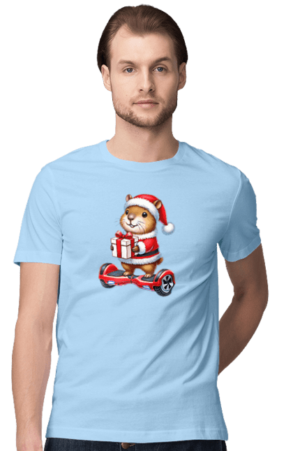 Men's t-shirt with prints Christmas Capybara with a Gift. Animal, capybara, christmas, christmas capybara, gift, holiday, new year, new year`s gift, santa. 2070702