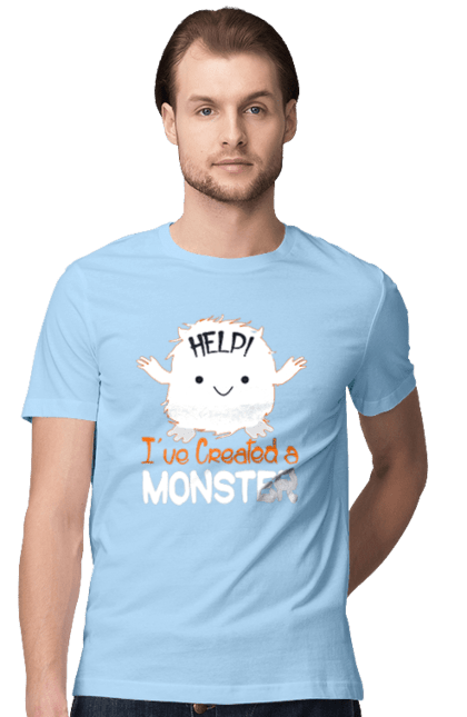 Футболка чоловіча з принтом "Допоможіть! Я створив монстра". Допомога, допоможіть, монстр, свято, створення, хелловін. 2070702
