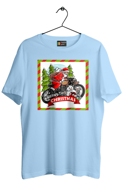 Men`s t-shirt with prints Santa on a motorcycle. Christmas, motorcycle, new year, presents, santa, snowman, tree. 2070702