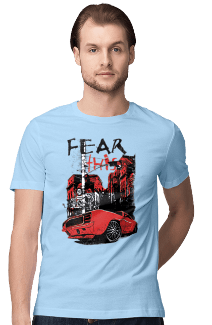 Men`s t-shirt with prints Red Car In The City. Riding, town. 2070702
