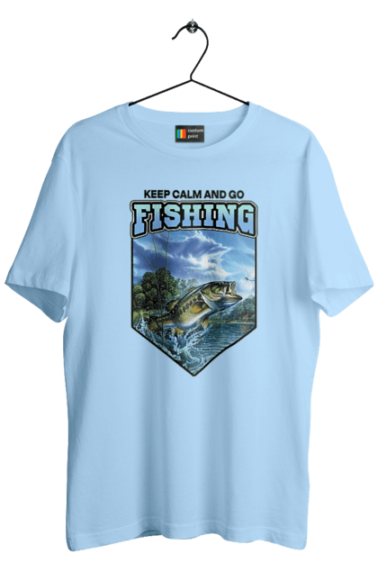 Футболка чоловіча з принтом "Keep Calm and Go Fishing". Відпочинок на природі, для рибалок, для чоловіків, мисливці та риболови, природа, рибалка, риболовля, спінінг, хоббі. 2070702