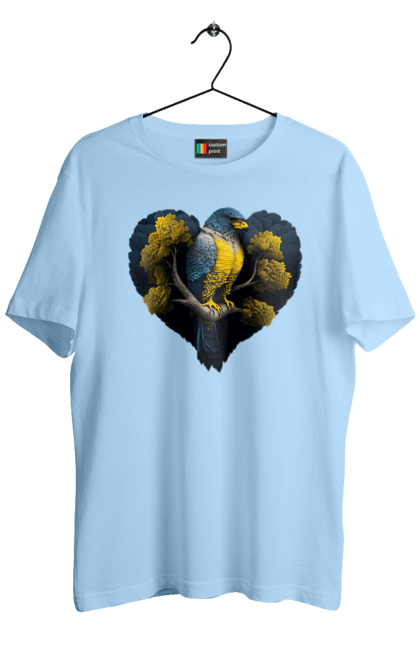 Men`s t-shirt with prints Blue and yellow falcon. Falcon, flag of ukraine, heart, symbol of ukraine, tree, ukraine. 2070702