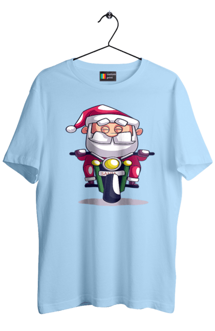 Футболка чоловіча з принтом "Щасливий Санта на мотоциклі". 2022, дід мороз, зима, мотоцикл, новий рік, різдво, санта, сніг. 2070702