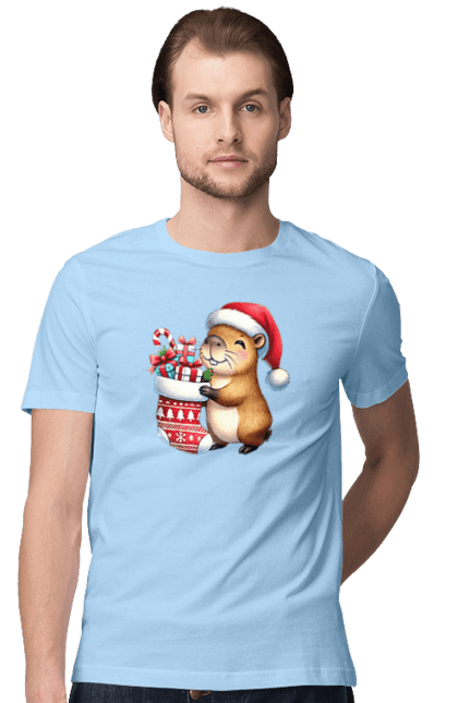 Men's t-shirt with prints Christmas Capybara with a Gift. Animal, capybara, christmas, christmas capybara, gift, holiday, new year, new year`s gift, santa. 2070702