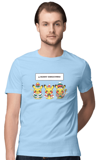 Men`s t-shirt with prints Pikachu Merry Christmas. Anime, christmas, game, manga, merry christmas, nintendo, pikachu, pokemon. 2070702