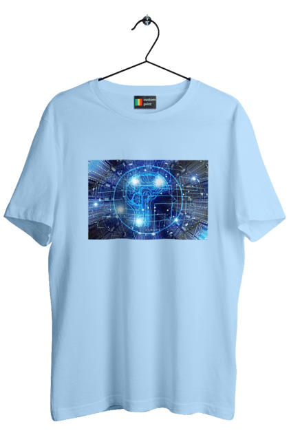 Футболка чоловіча з принтом "Штучний інтелект". Айті, айтішник, гік, знання, інженер, інтелект, кібер, кібернетика, кіборг, код, комп, комп`ютерник, кристал, машинне навчання, мікросхема, мозок, портрет, програміст, професіонал, професія, розробник, розум, хакер, чіп, штучний інтелект, штучний розум. 2070702