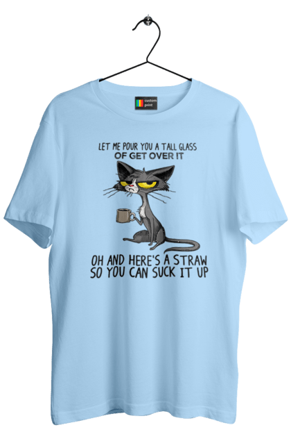 Футболка чоловіча з принтом "Як це пережити?". Велика склянка, випий, все відмінно, йди нахуй, кіт і кухоль, налий, роздум, смоктати, як це подолати. 2070702