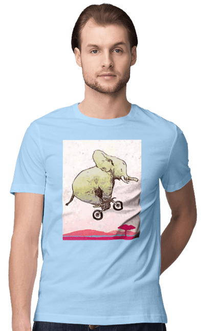Men`s t-shirt with prints Elephant On A Motorcycle. Elephant, flight, motorcycle. 2070702
