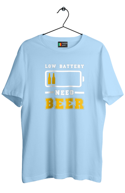 Футболка чоловіча з принтом "Low battery need beer". Алкоголь, брутальні, літні, пиво, прикольні принти, чоловічі. 2070702