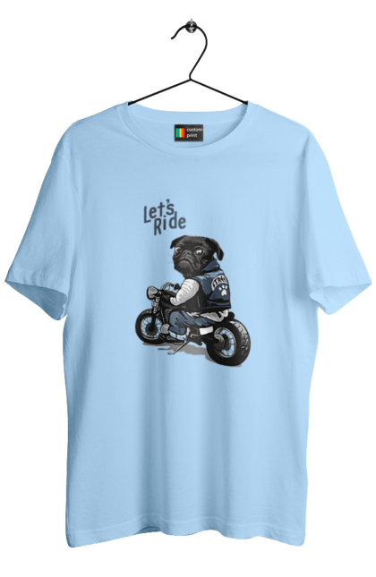 Футболка чоловіча з принтом "Мопс на мотоциклі". Байкер, мопс, мотоцикл, собака, тварини. 2070702
