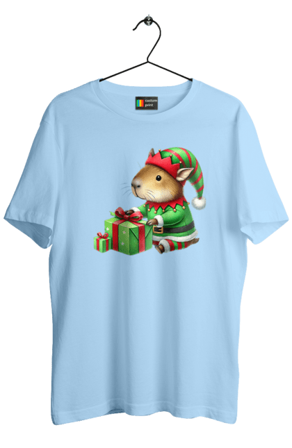 Men's t-shirt with prints Christmas Elf Capybara. Animal, capybara, christmas, christmas elf, gift, holiday, new year, new year`s gift. 2070702