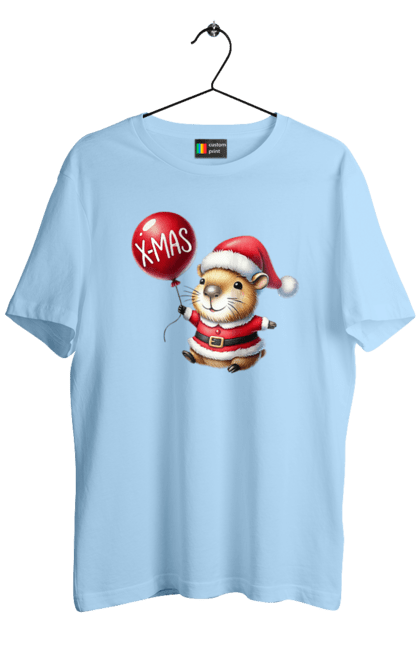 Men's t-shirt with prints Christmas Capybara. Animal, balloon, capybara, christmas, christmas capybara, gift, holiday, new year, new year`s gift, santa. 2070702