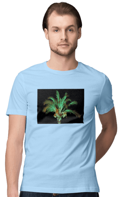 Футболка чоловіча з принтом "Фінікова Пальма Вночі". Берег, відпочинок, відпустка, зелений, море, ніч, оазис, океан, острів, пальма, південь, подорож, пригоди, тропіки, фінікова, чорне. 2070702
