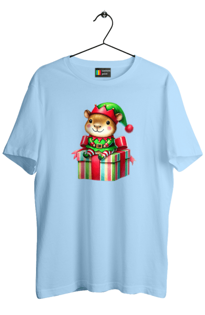 Men's t-shirt with prints Christmas Capybara with a Gift. Animal, capybara, christmas, christmas capybara, christmas elves, gift, holiday, new year, new year`s gift, santa. 2070702