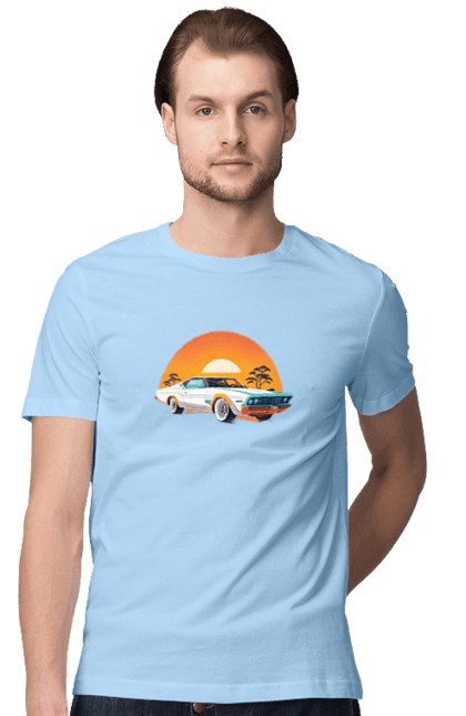 Men`s t-shirt with prints Beautiful car at sunset. Auto, decline, sun. 2070702