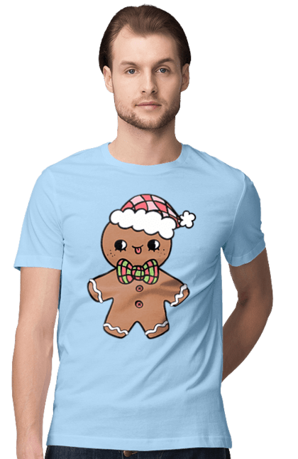 Men's t-shirt with prints Gingerbread in a Christmas hat. Christmas, christmas decor, christmas print, cookie, festive mood, gingerbread cookies, new year, sweets, winter holidays. 2070702