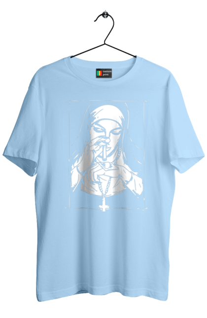 Men`s t-shirt with prints The nun sniffs the powder. Cool, cross, fashionable, nun, popular. 2070702