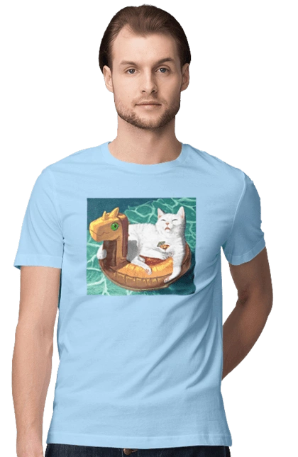 Белый кот в плавательном кругу, на отдыхе