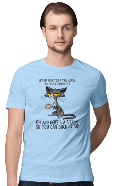 Футболка чоловіча з принтом "Як це пережити?". Велика склянка, випий, все відмінно, йди нахуй, кіт і кухоль, налий, роздум, смоктати, як це подолати. 2070702