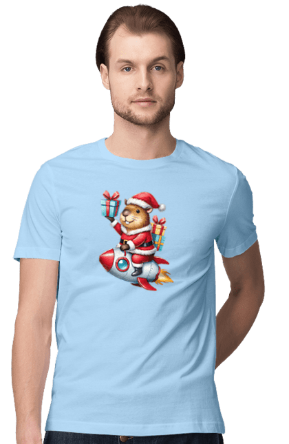 Men's t-shirt with prints Christmas Capybara with a Gift. Animal, capybara, christmas, christmas capybara, gift, holiday, new year, new year`s gift, rocket, santa. 2070702