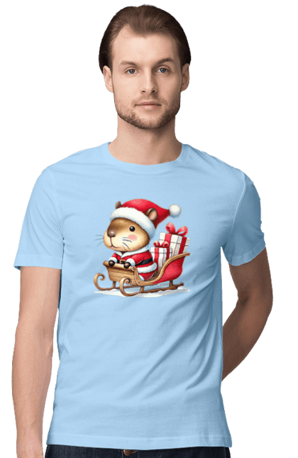 Men's t-shirt with prints Christmas Capybara with a Gift. Animal, capybara, christmas, christmas capybara, gift, holiday, new year, new year`s gift, santa. 2070702