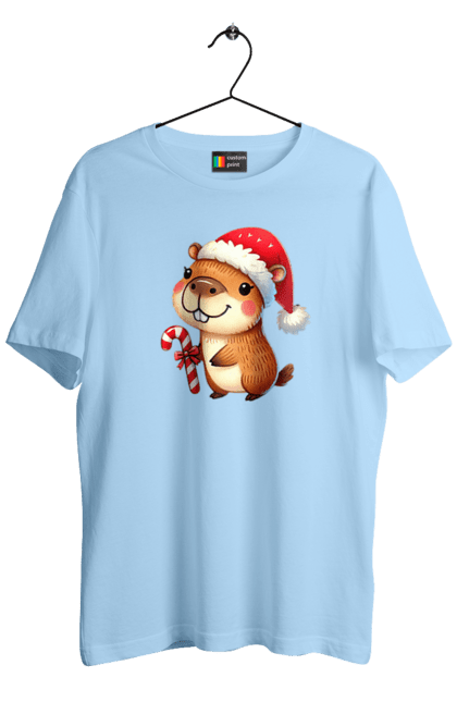 Men's t-shirt with prints Capybara with Christmas Candy. Animal, capybara, christmas, christmas capybara, gift, holiday, lollipop, new year, new year`s gift, santa. 2070702