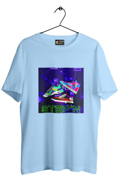 Футболка чоловіча з принтом "Step`n". Віртуальні кросівки, крипта, криптовалюти, нфт, нфт кросівки, солана, степен. 2070702