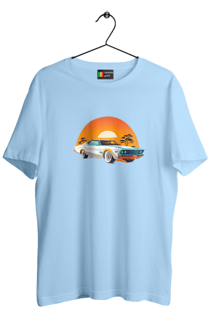 Men`s t-shirt with prints Beautiful car at sunset. Auto, decline, sun. 2070702