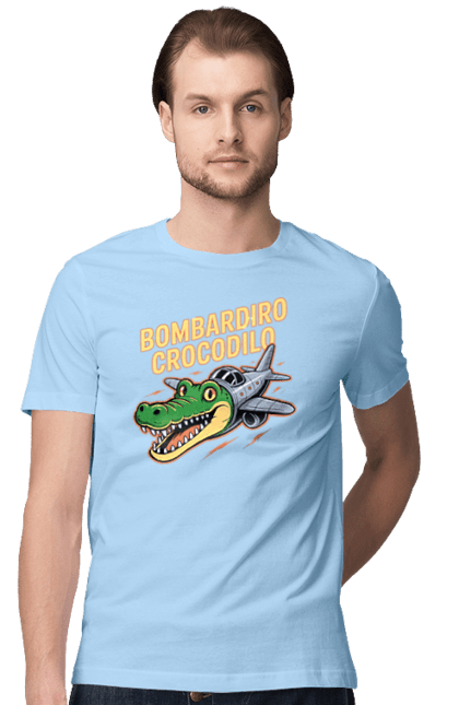 Футболка чоловіча з принтом "Bombardino Crocodilo". Bombardino, bombardino crocodilo, crocodilo, бомбардиро крокодило, бомбардіно крокоділо, крокодил, крокодил літак, крокодил мем, мем бомбардине крокодило, меми. 2070702