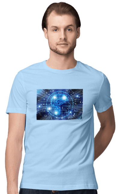 Футболка чоловіча з принтом "Штучний інтелект". Айті, айтішник, гік, знання, інженер, інтелект, кібер, кібернетика, кіборг, код, комп, комп`ютерник, кристал, машинне навчання, мікросхема, мозок, портрет, програміст, професіонал, професія, розробник, розум, хакер, чіп, штучний інтелект, штучний розум. 2070702