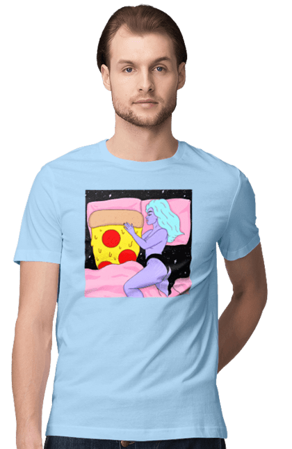 Men`s t-shirt with prints Purple Girl And Pizza. Bed, girl, pizza. 2070702