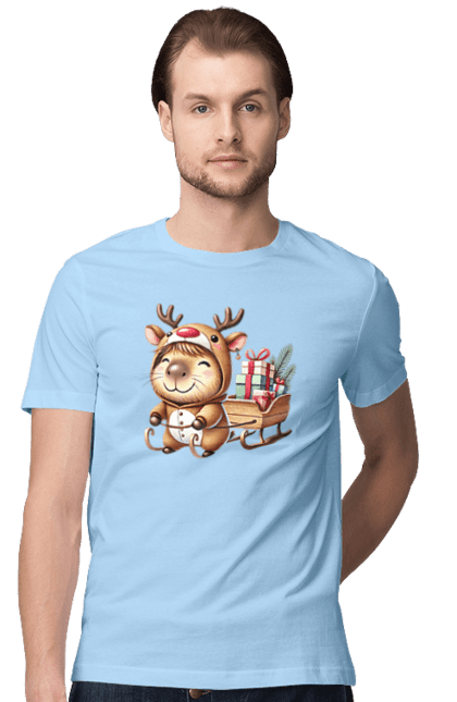 Men's t-shirt with prints Christmas Capybara with a Gift. Animal, capybara, christmas, christmas capybara, gift, holiday, new year, new year`s gift, santa. 2070702