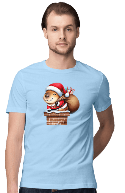 Men's t-shirt with prints Christmas Capybara with a Gift. Animal, capybara, christmas, christmas capybara, gift, holiday, new year, new year`s gift, santa. 2070702