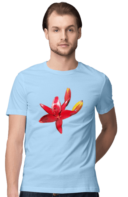 Men`s t-shirt with prints Red lily. Bright, bud, buds, color, flower, lily, nature, red, red flower, red lily, sunny. 2070702