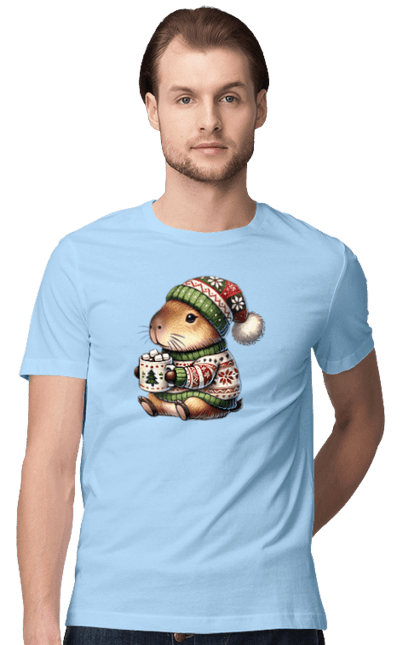 Men's t-shirt with prints Capybara with hot chocolate. Animal, capybara, christmas, christmas capybara, gift, holiday, hot chocolate, new year, santa. 2070702