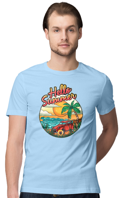 Men`s t-shirt with prints Hello Summer, Car By The Sea. Beach, island, palm, summer. 2070702