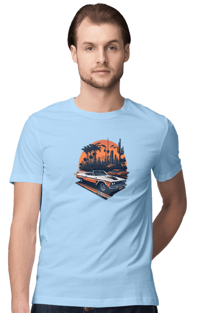 Футболка чоловіча з принтом "Гарне авто на закаті". Авто, закат, захід сонця, солнце, сонце. 2070702