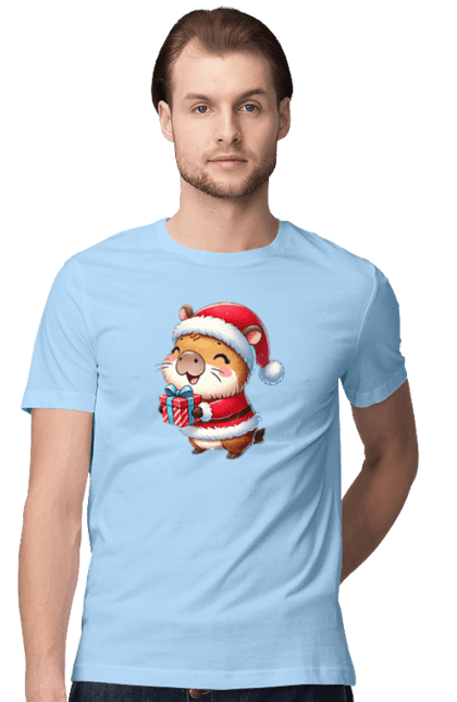 Men's t-shirt with prints Christmas Capybara with a Gift. Animal, capybara, christmas, christmas capybara, gift, holiday, new year, new year`s gift, santa. 2070702