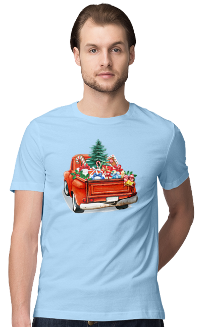 Men`s t-shirt with prints Car with gifts. Car, christmas, new year, presents, santa, tree. 2070702