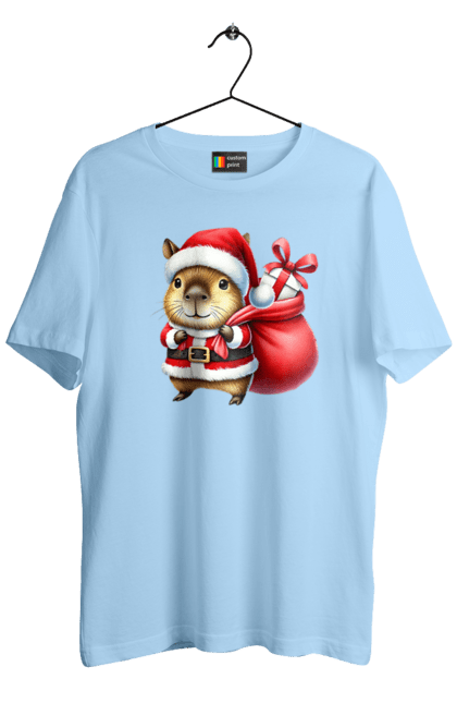 Men's t-shirt with prints Christmas capybara with a gift. Animal, capybara, christmas, christmas capybara, gift, holiday, new year, new year`s gift, santa. 2070702